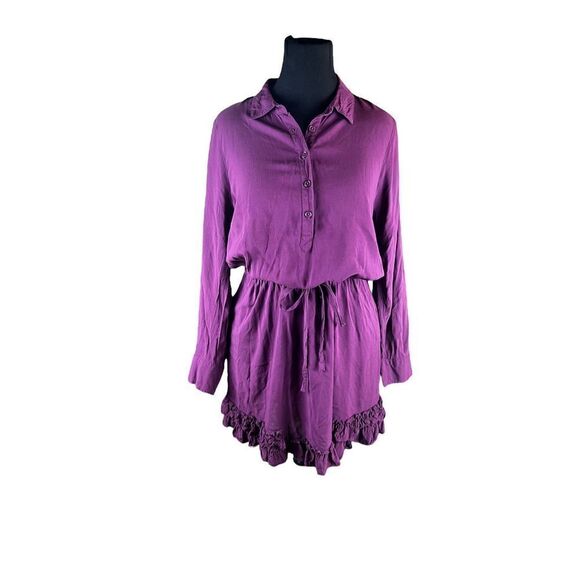 Logo lori Goldstein purple drawstring waist long sleeve ruffle trim dress M - Picture 1 of 6